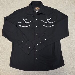 VINTAGE Rodeo Bravo Men Button Up Shirt Large Black Cowboy Western Pearl Snap 90